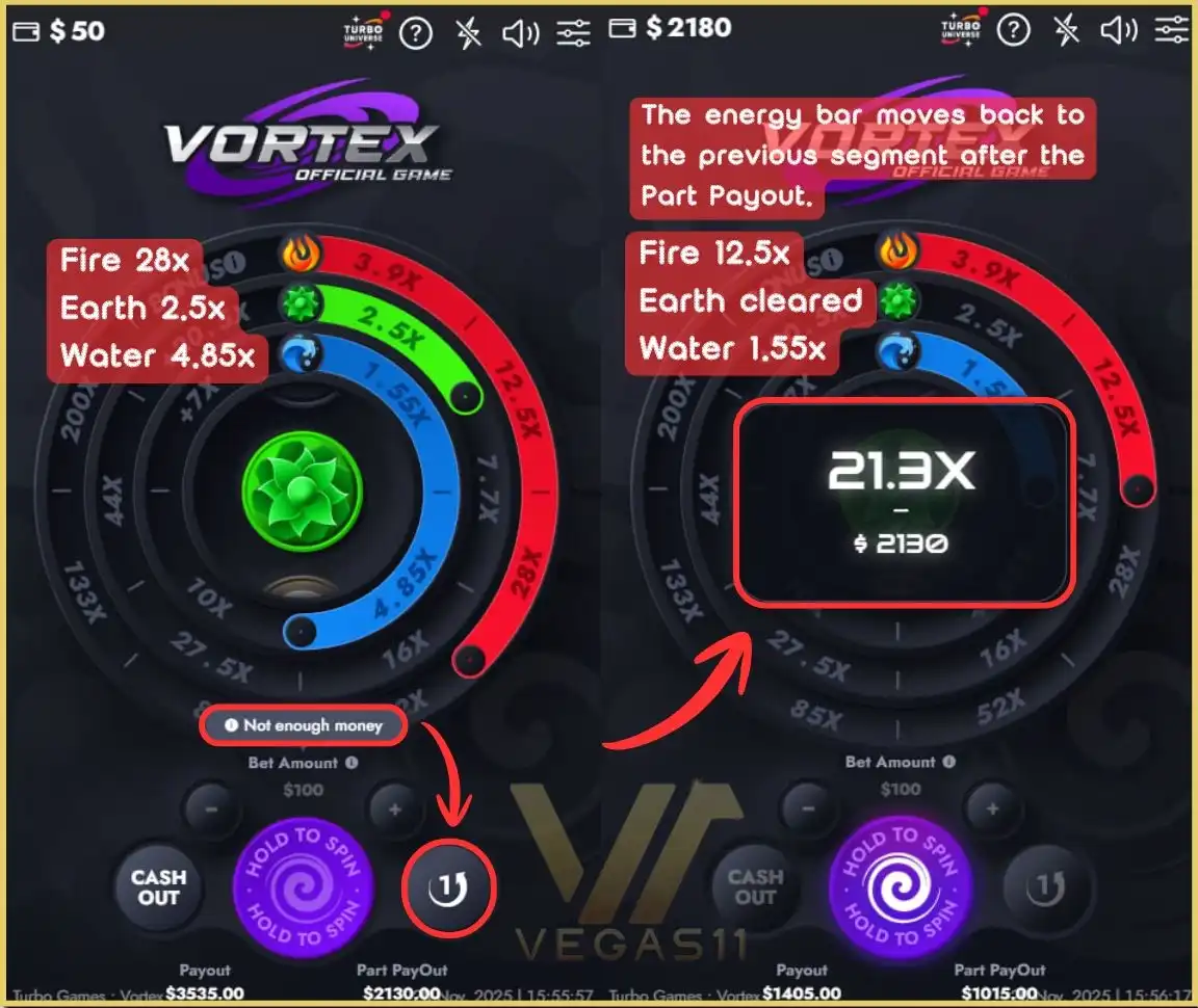 The Part Payout feature in the Vortex casino game